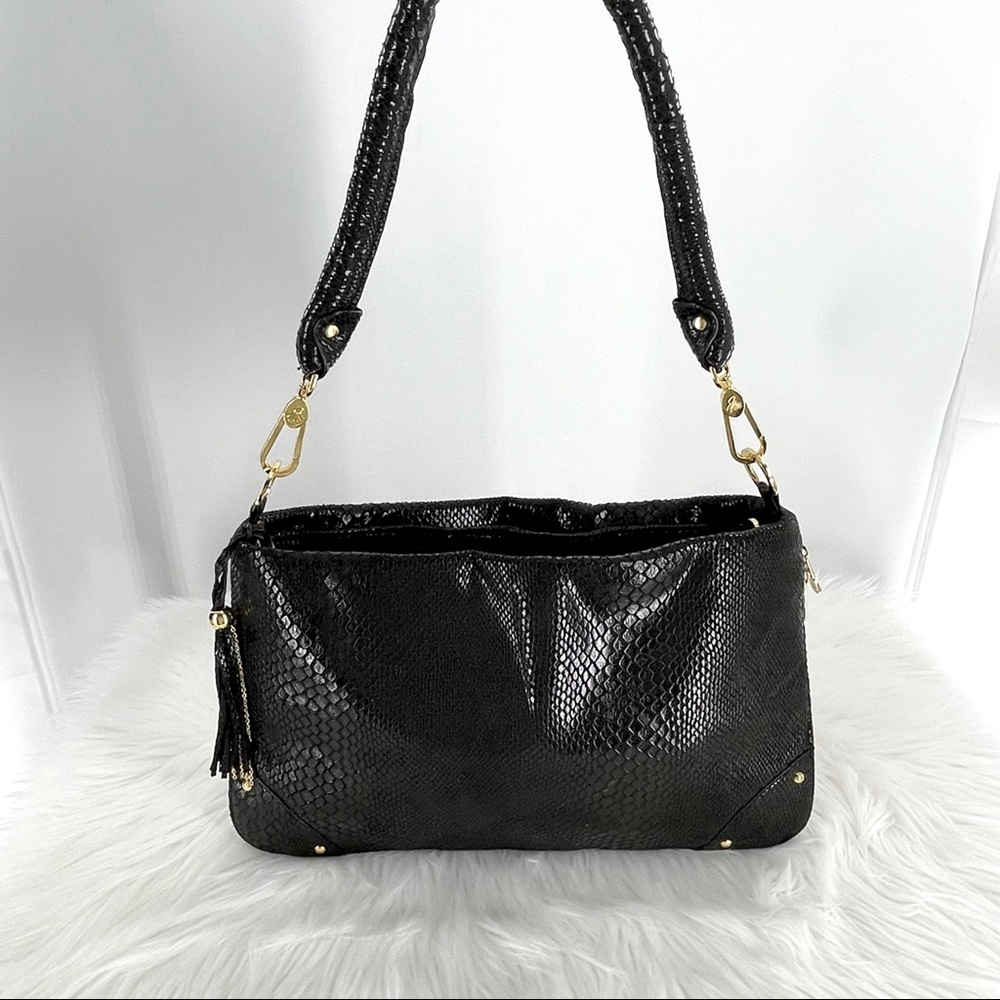 JM Large Faux Snake Skin Black Expandable Purse/Tote